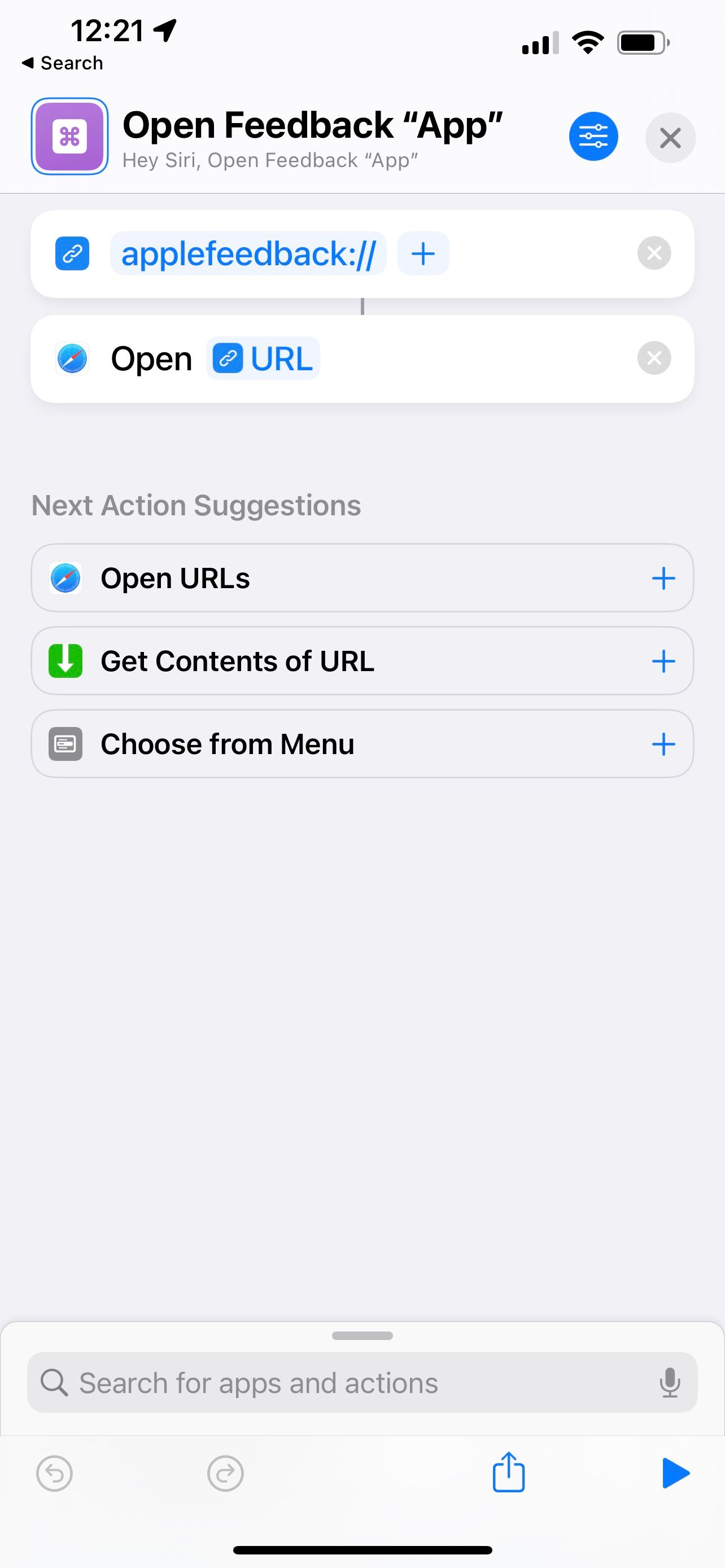 действия Shortcuts для открытия Feedback Assistant