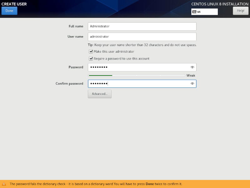 Создание пользователя в процессе установки