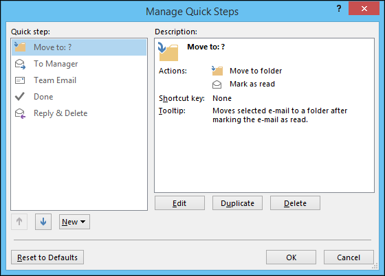 Снимок экрана: панель Quick Steps на ленте Outlook