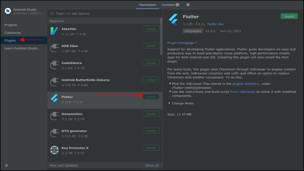 Скриншот добавления плагина Flutter в Android Studio