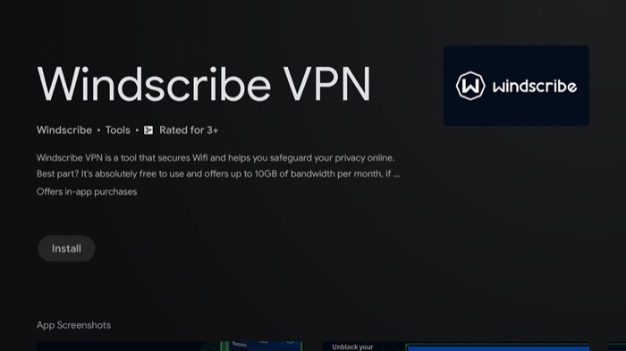 Кнопка установки приложения VPN в Google Play на Android TV