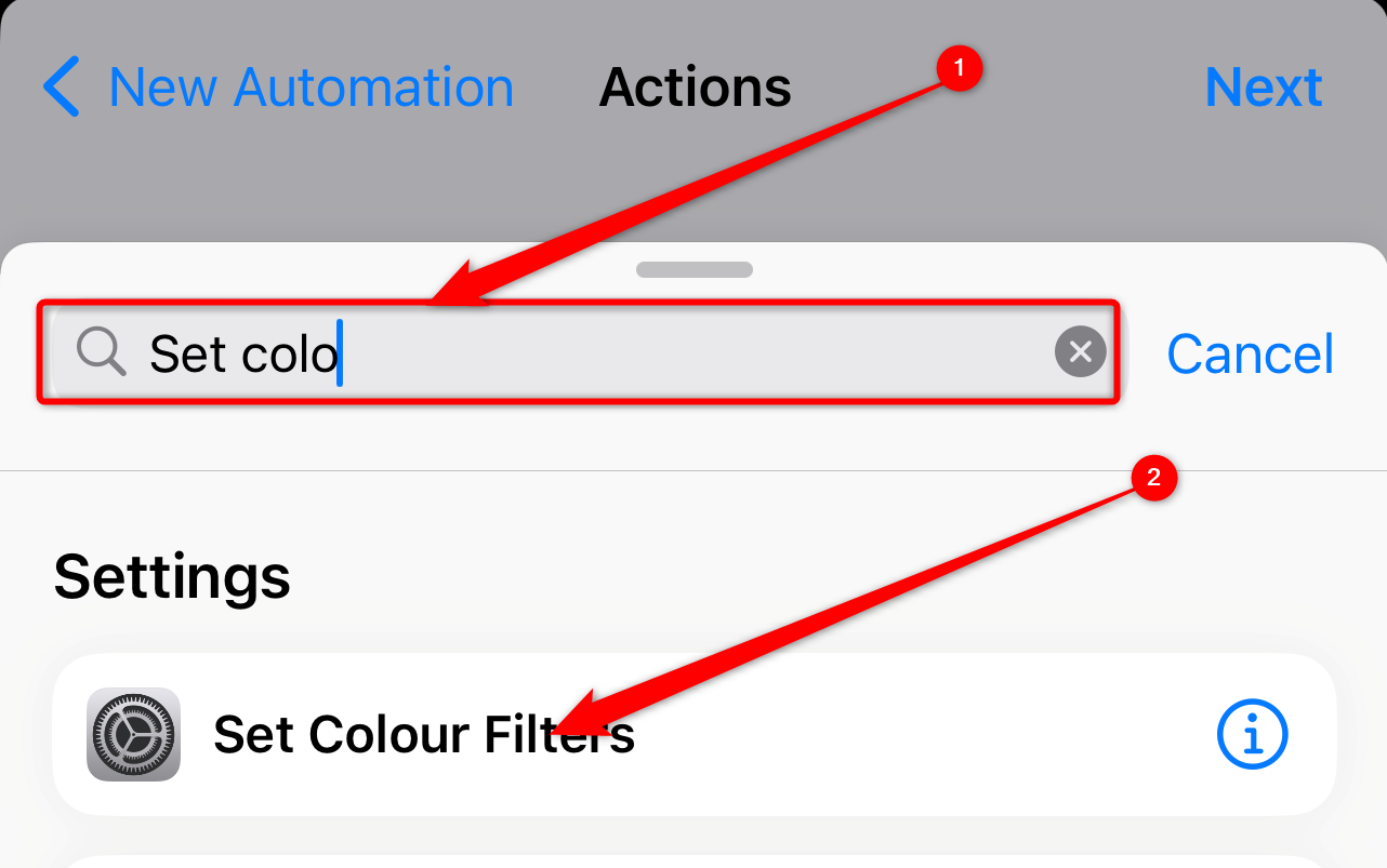 Строка поиска действий в приложении «Команды».