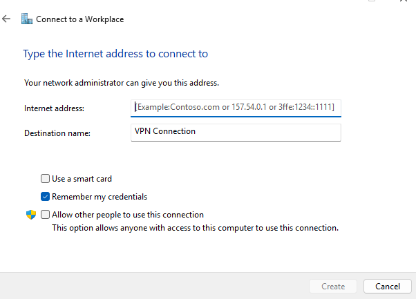 Кнопка Create для создания VPN-подключения через Панель управления