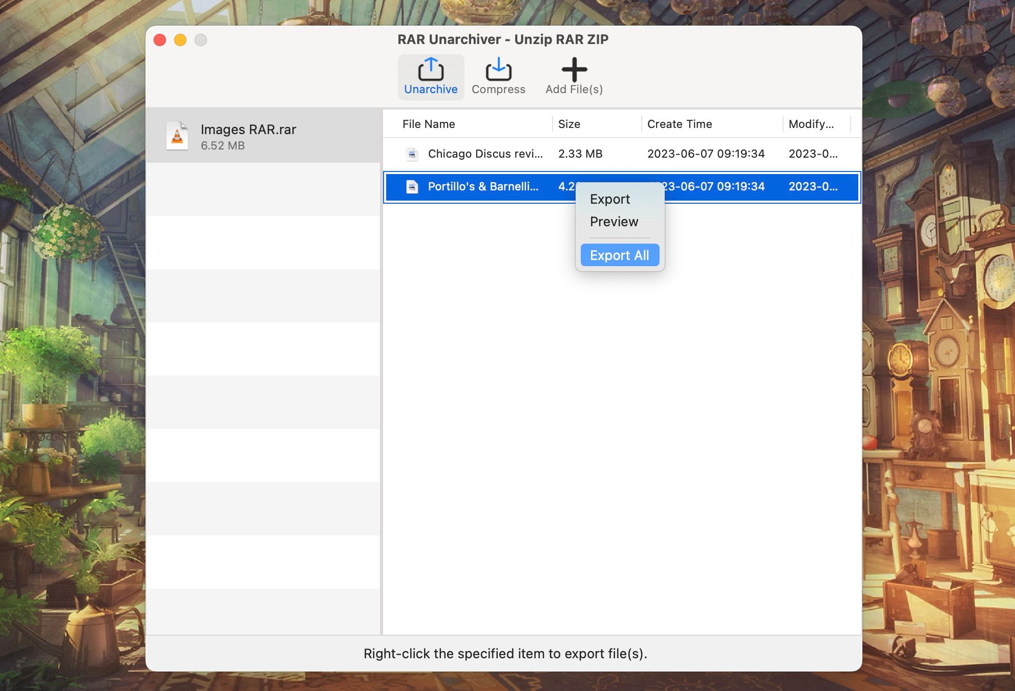RAR Unarchiver с активированным контекстным меню