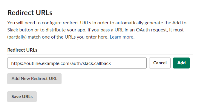 Поле Redirect URL в настройках Slack