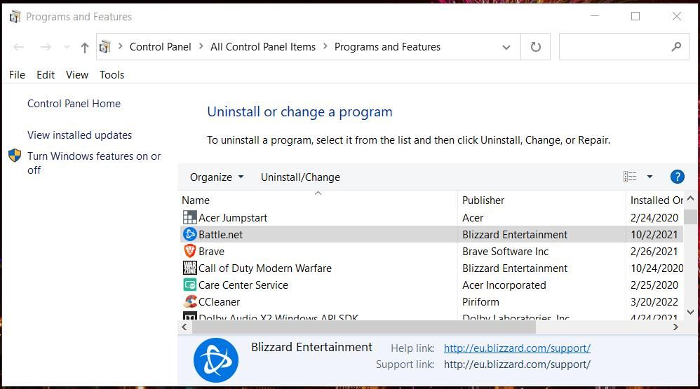 Окно «Программы и компоненты» в панели управления