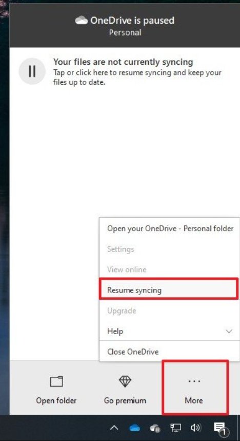 Окно OneDrive с кнопкой возобновления синхронизации