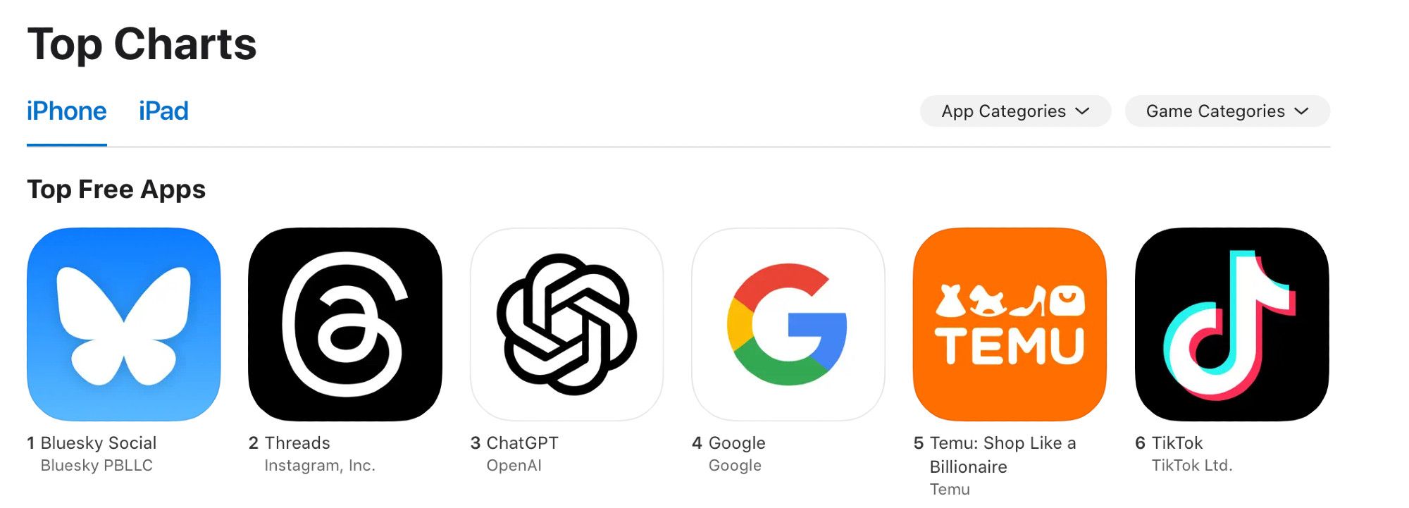 Bluesky в топе бесплатных приложений App Store, скриншот магазина приложений.
