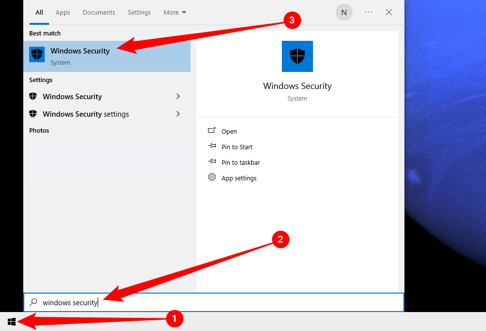 Поиск и запуск «Windows Security» в меню Пуск