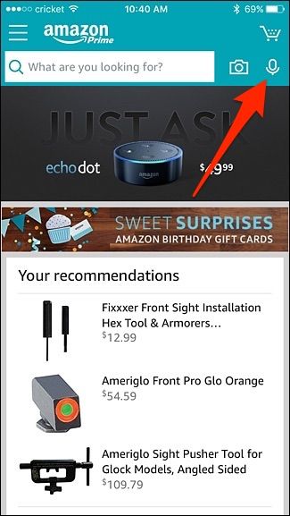Экран iPhone — кнопка микрофона в приложении Amazon