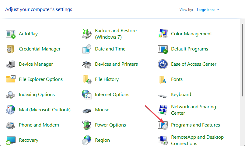 Панель управления Windows с программами