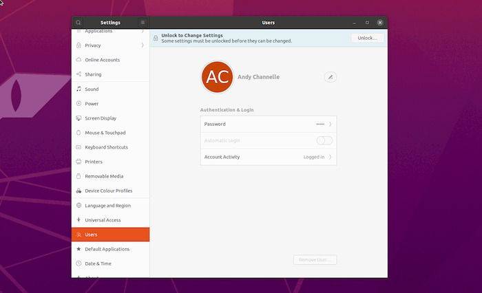 Снимок экрана управления учётными записями в GNOME