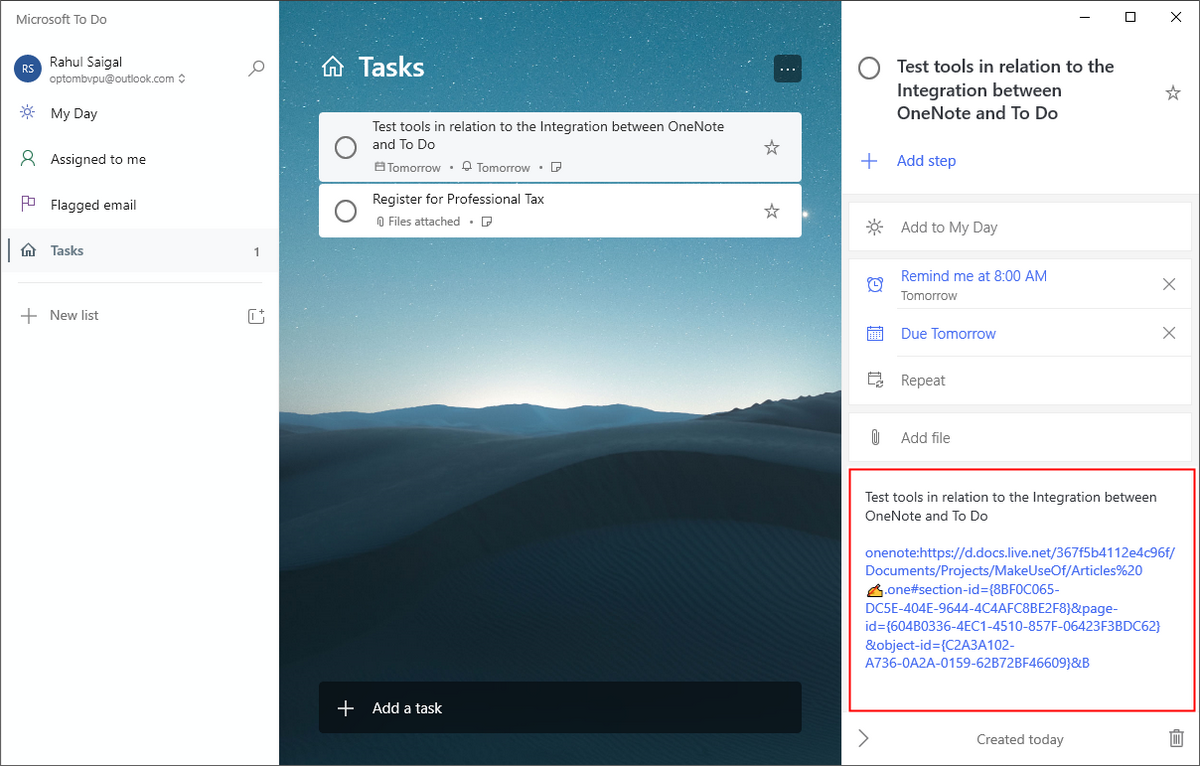 Та же задача в Microsoft To Do с ссылкой на страницу OneNote