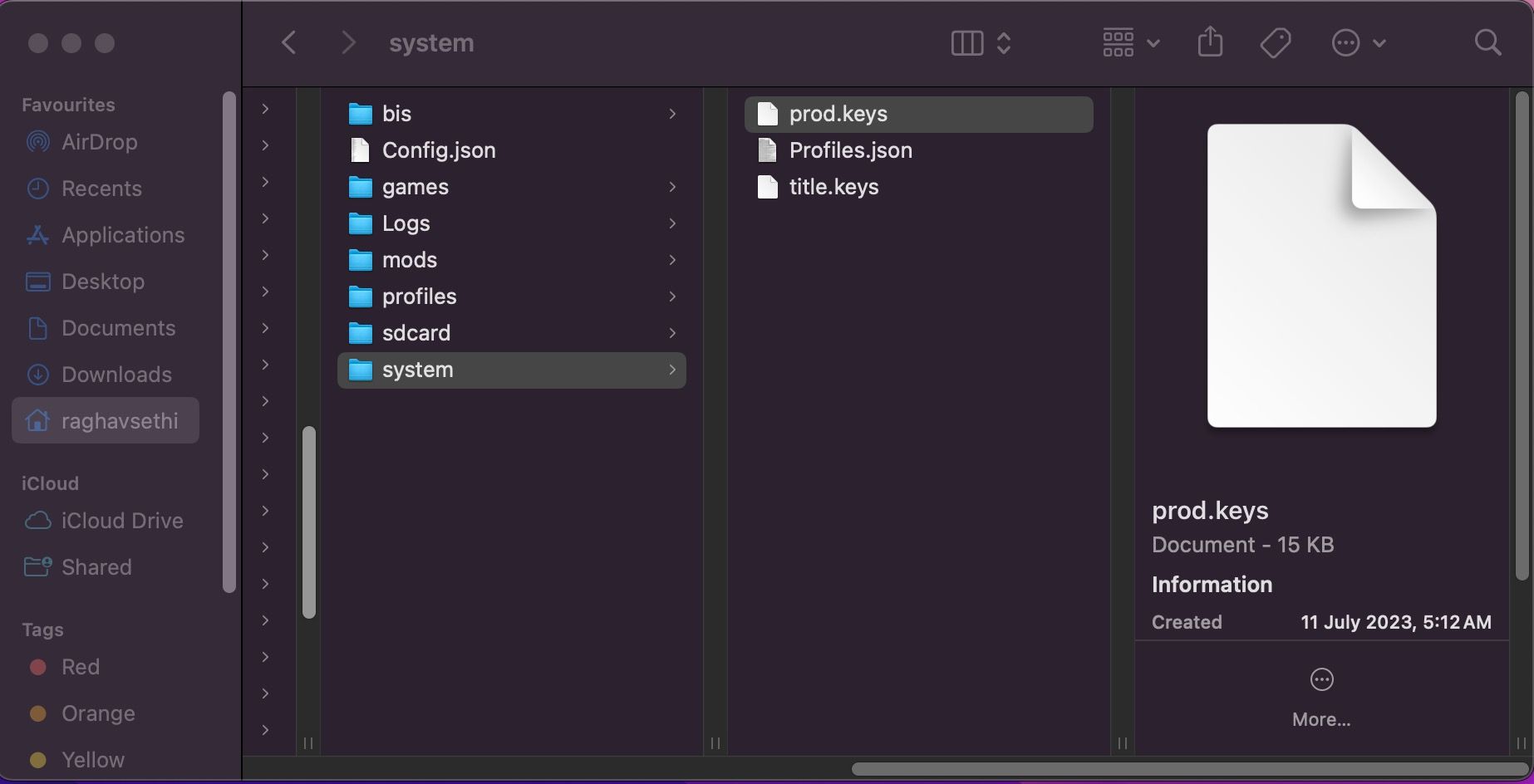 Ryujinx System Folder open with prod.keys pasted in the directory