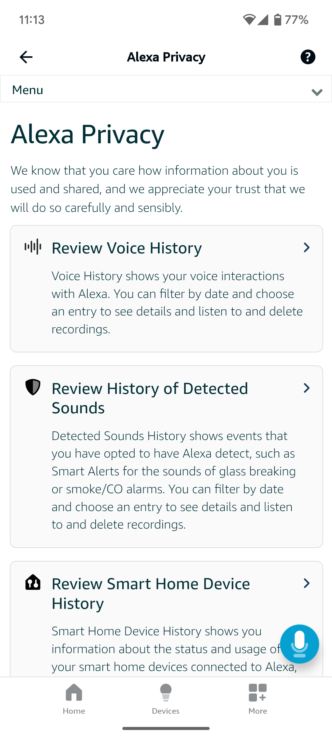 The privacy overview on the Alexa app
