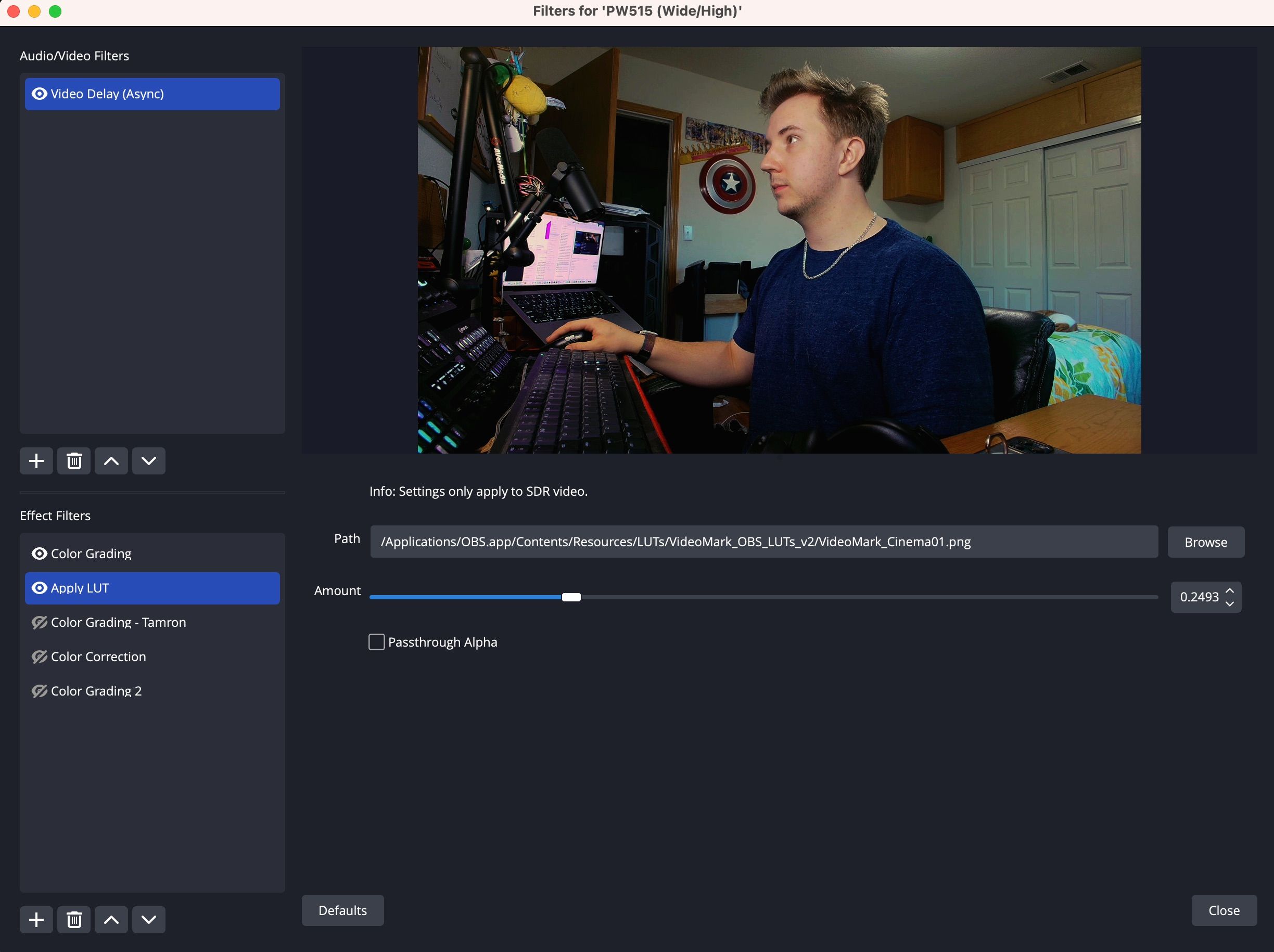 Example of adjusting LUT intensity