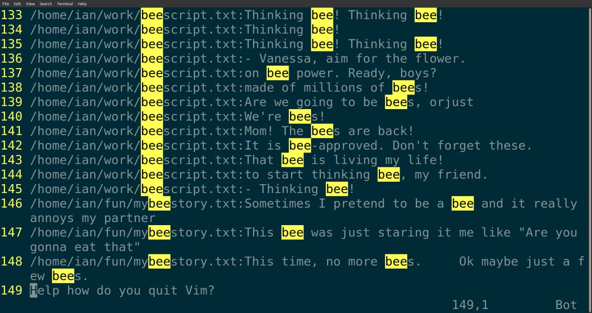 Фрагмент вывода команды grep, результаты поиска