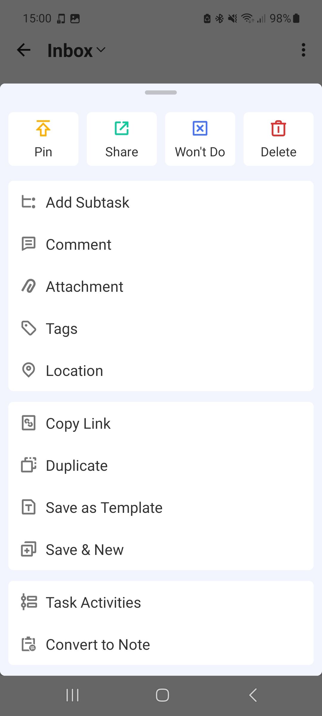 TickTick быстрые действия для задачи