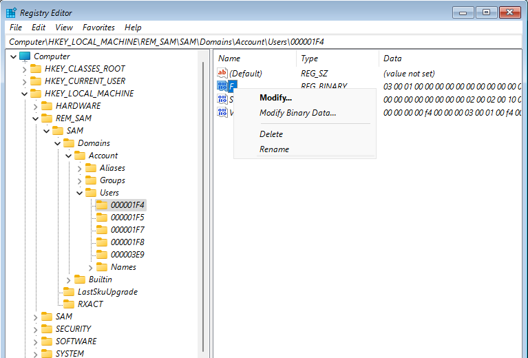 Изменение двоичного значения F в реестре