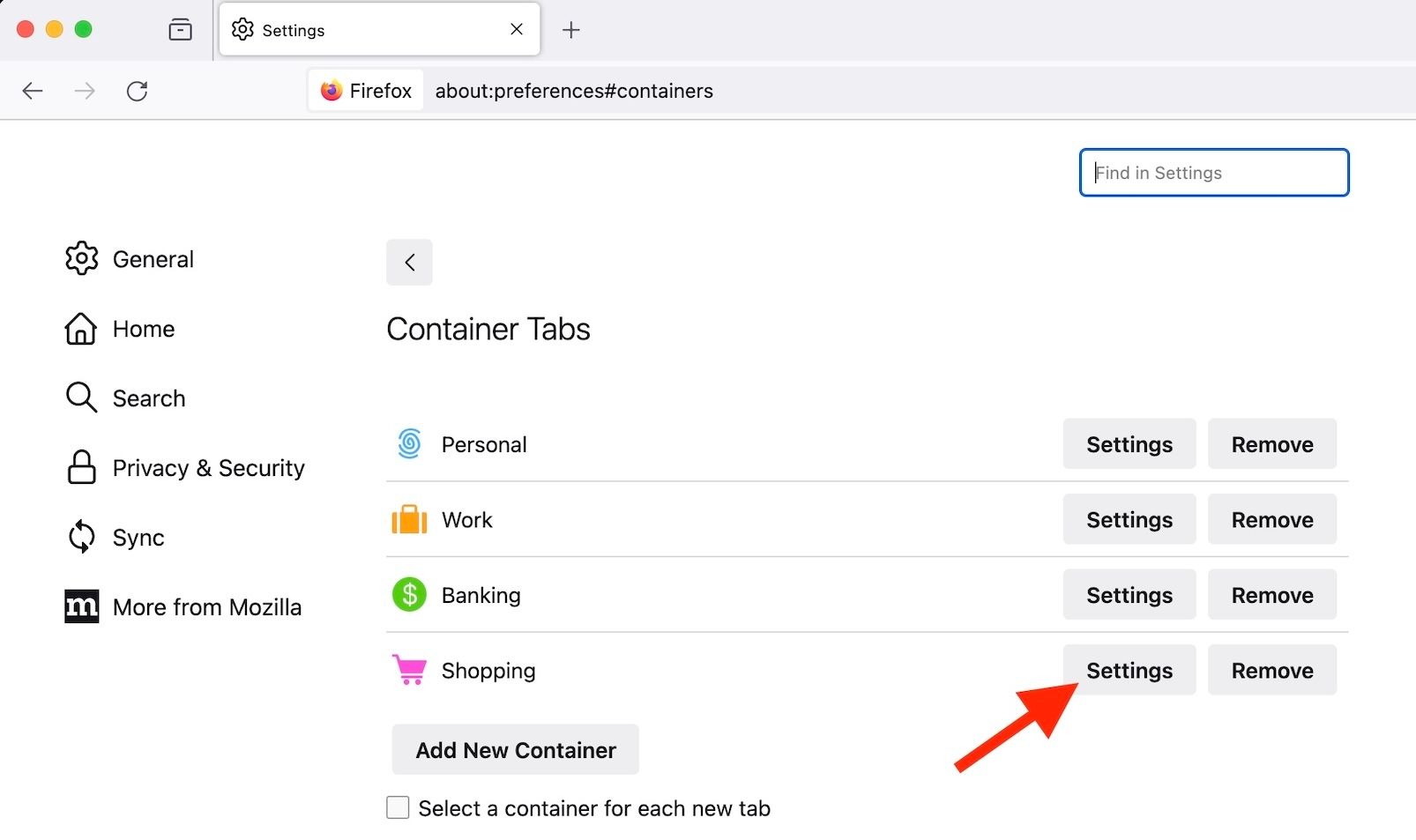 Кнопка настроек для каждого контейнера