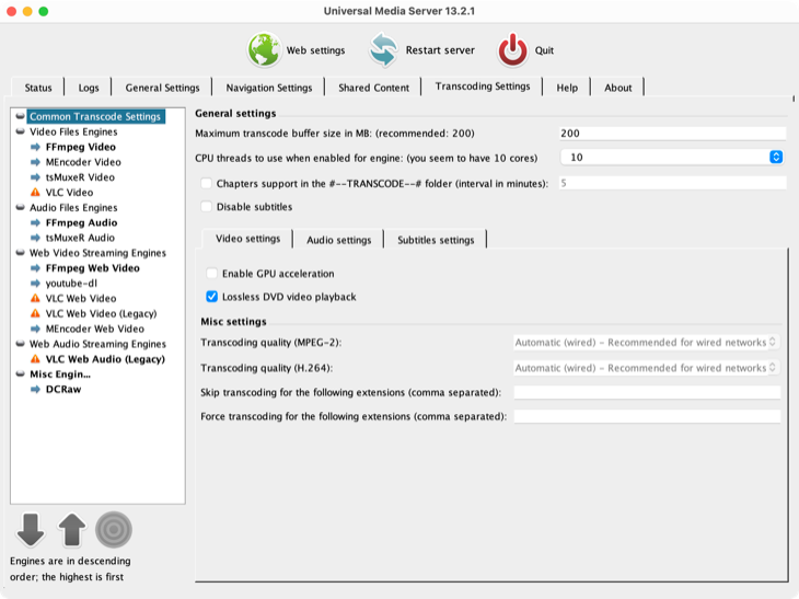 Universal Media Server running on macOS