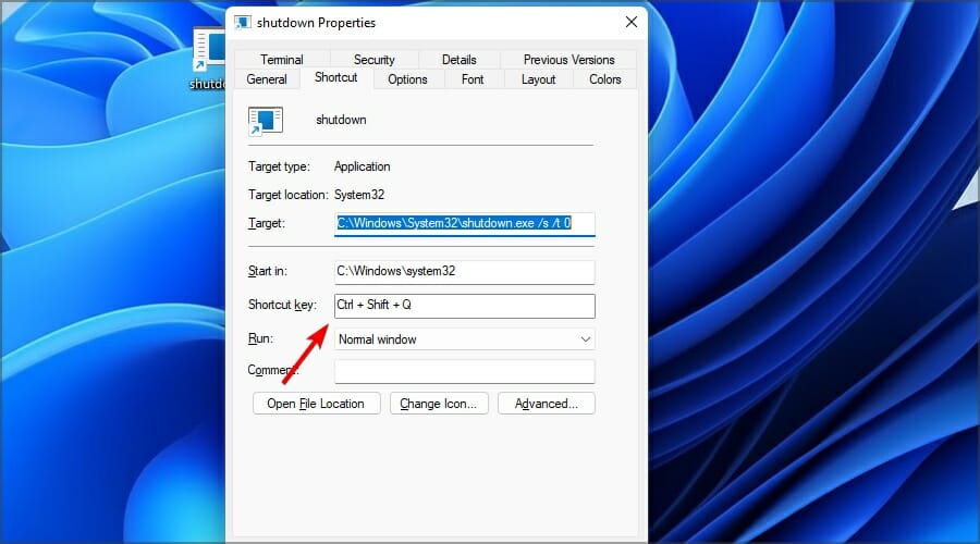 Установка горячей клавиши для ярлыка выключения