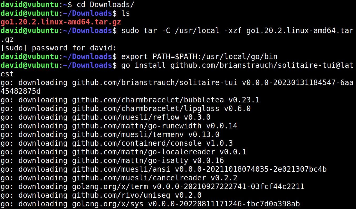 установка go и solitaire-tui в Linux