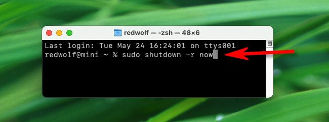 Командная строка Терминала с командой sudo shutdown -r now.