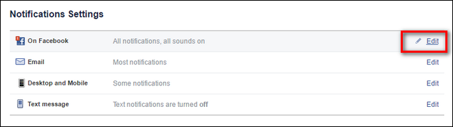 Кнопка 'Изменить' рядом с 'На Facebook' в настройках уведомлений