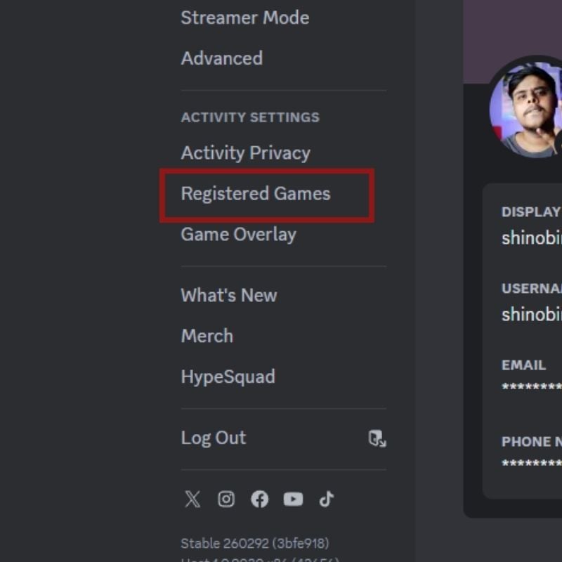 Настройки зарегистрированных игр в Discord