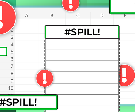 Таблица с несколькими ошибками #SPILL! и красными восклицательными значками, визуализация проблем динамических массивов Excel.