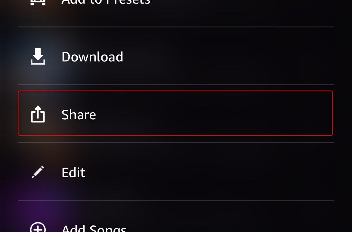 Выбран параметр поделиться плейлистом в Amazon Music.