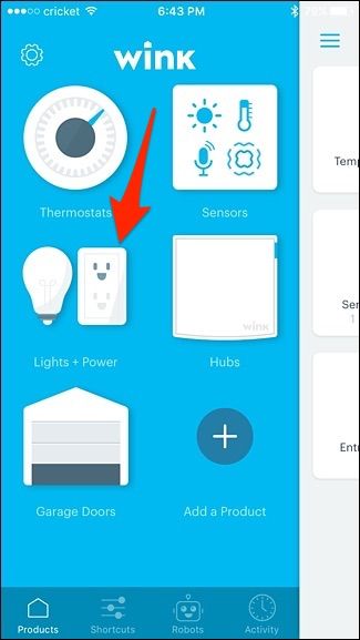 Список разделов приложения с выделенным Lights + Power