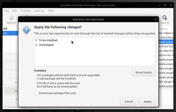 Пометка пакета VLC для установки в Synaptic