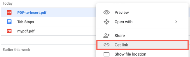 Контекстное меню файла: пункт Получить ссылку