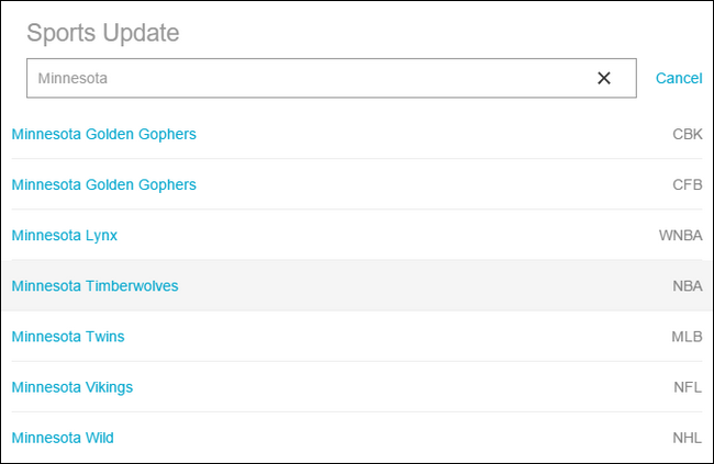 Скриншот списка выбранных команд в Sports Update
