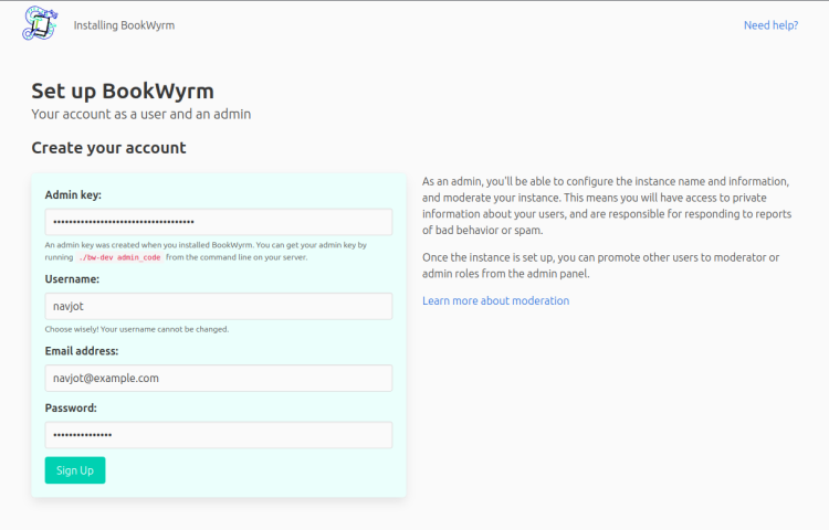 Экран создания администратора BookWyrm