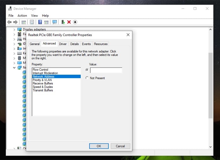 Окно свойств сетевого адаптера Windows — ввод MAC-адреса