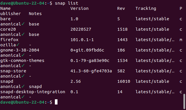 Список установленных приложений snap.