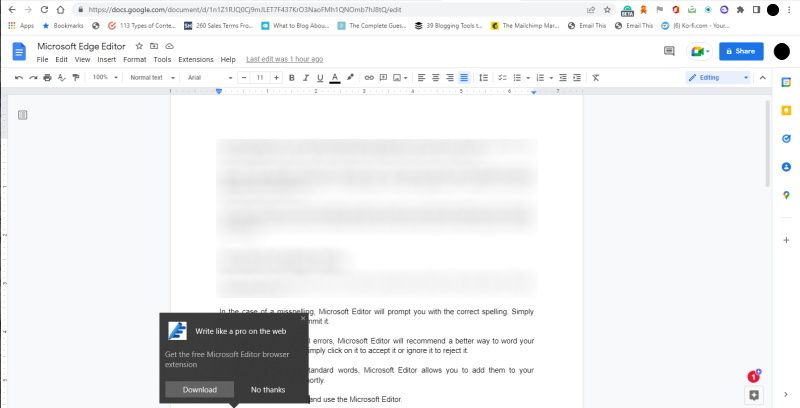 Подсказка скачивания Microsoft Editor