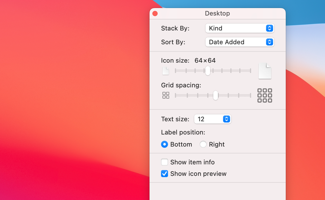 Откройте параметры вида для настройки Stacks