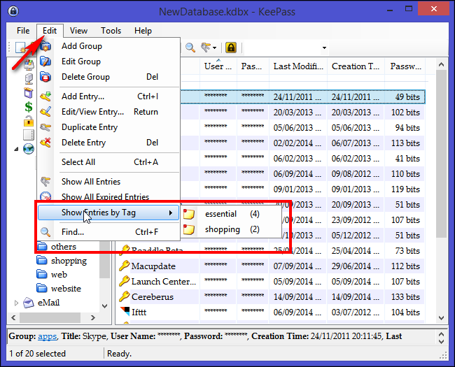 Фильтрация записей по тегу в KeePass