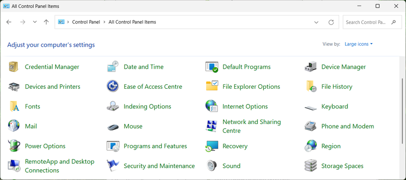 Список элементов Панели управления в Windows 11