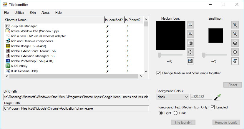 Главное окно TileIconifier: список приложений слева и параметры справа
