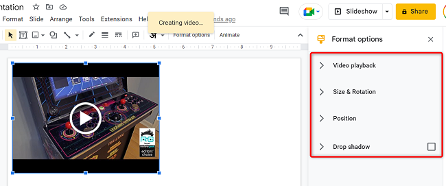 Параметры форматирования видео в правой боковой панели.