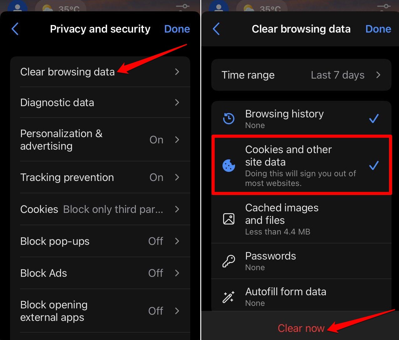 Edge для iOS: очистка данных просмотра