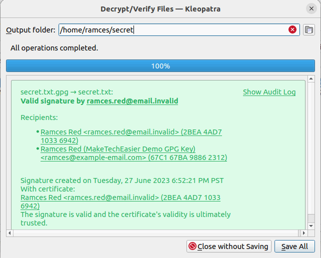Успешная расшифровка файла в GNU Kleopatra