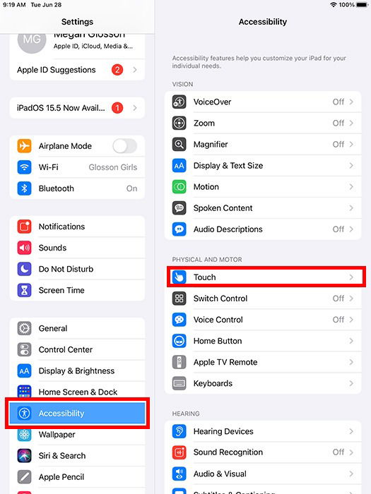 Экран параметров касания