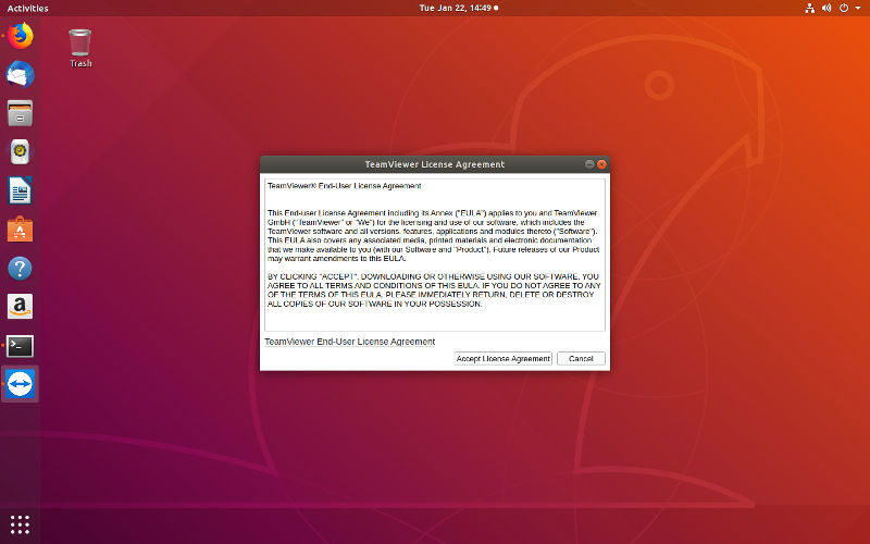Окно EULA TeamViewer с кнопкой принятия