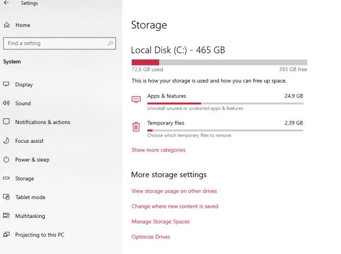 Параметры хранилища Windows 10
